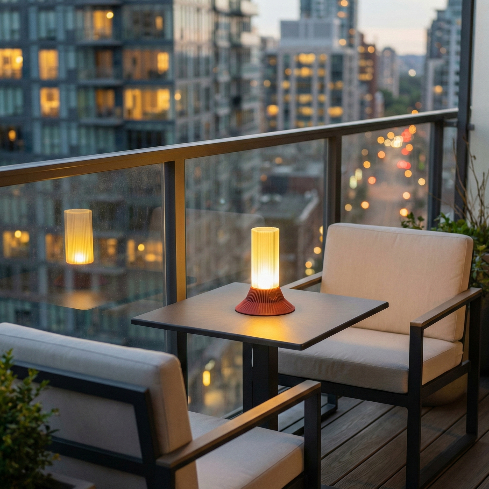 Outdoor patio set with table and chairs on a balcony overlooking city buildings at dusk.