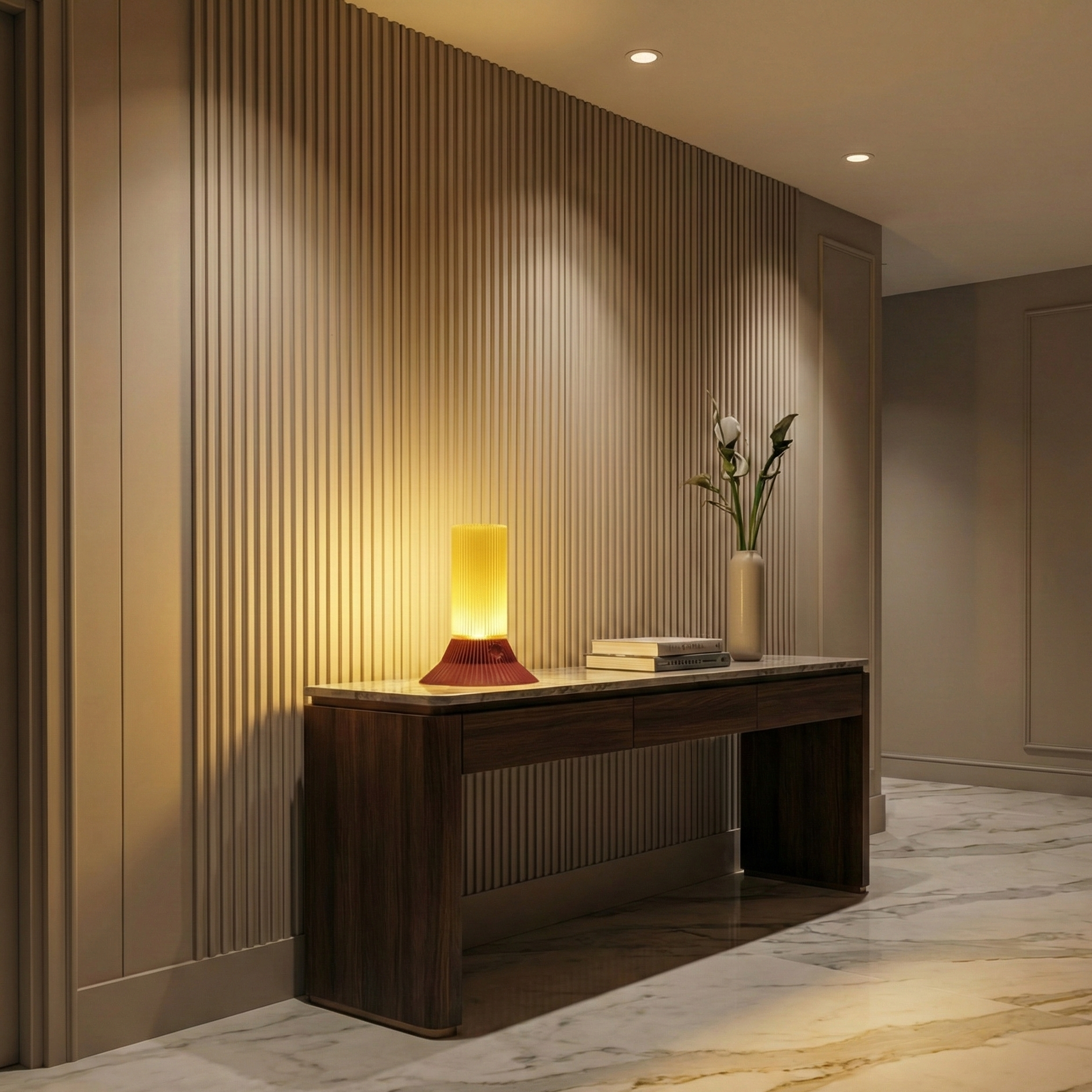 Modern interior with a wooden console table against a striped wall.
