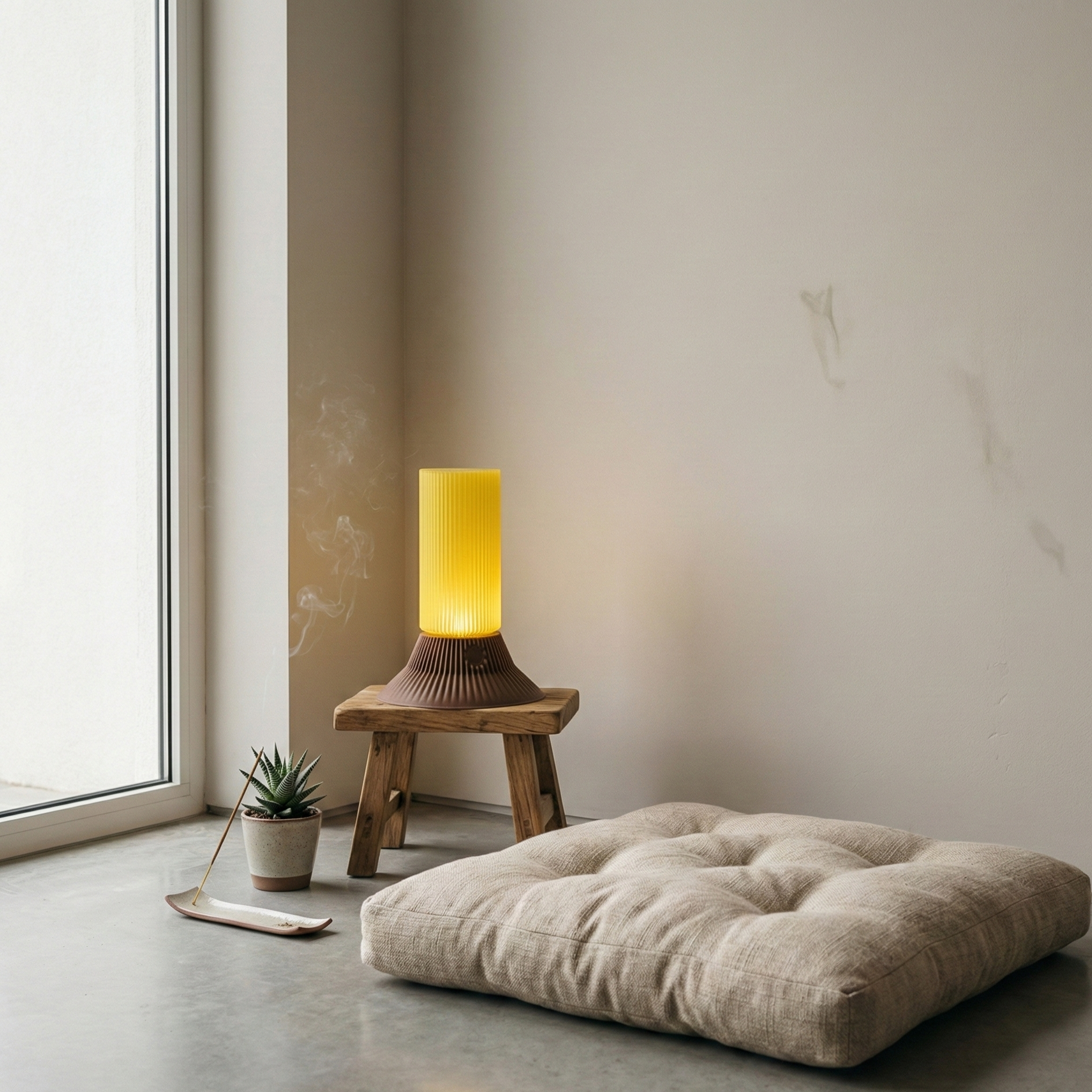 Beige floor cushion in a minimalistic room with a small wooden stool and lamp.