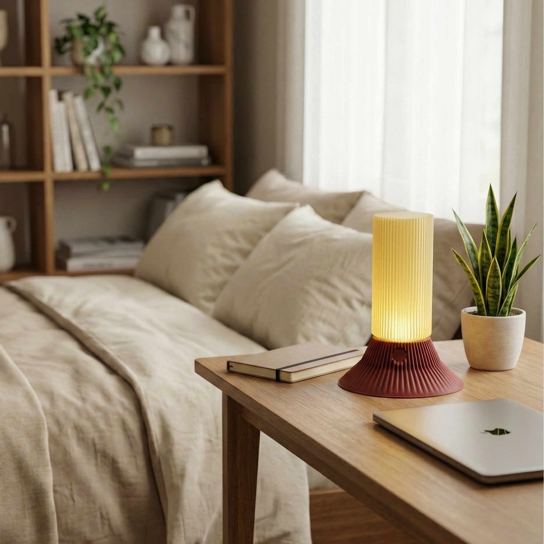Modern bedroom with a bed, desk, and decorative lamp.