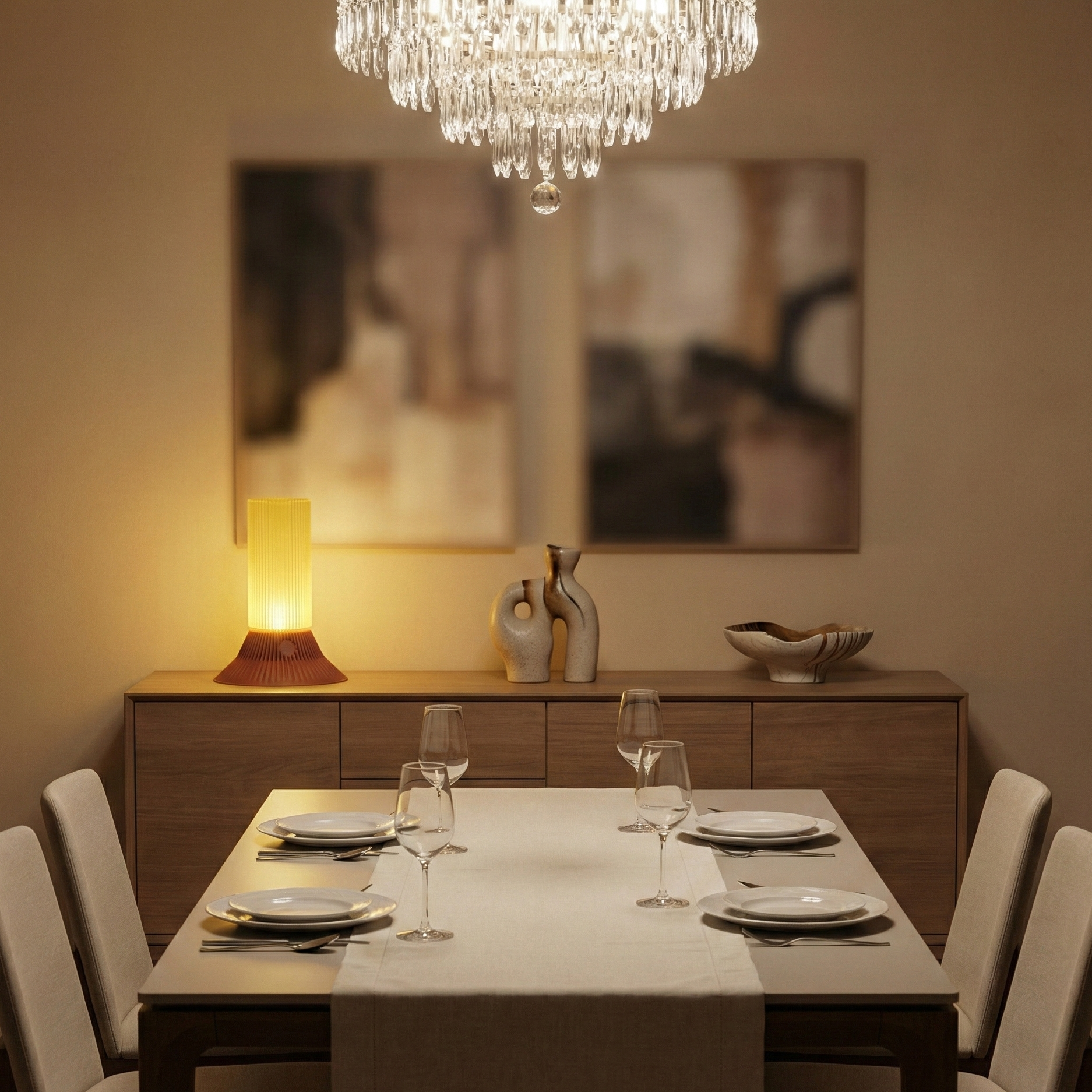 Dining room with a table set for four, chairs, and a chandelier.