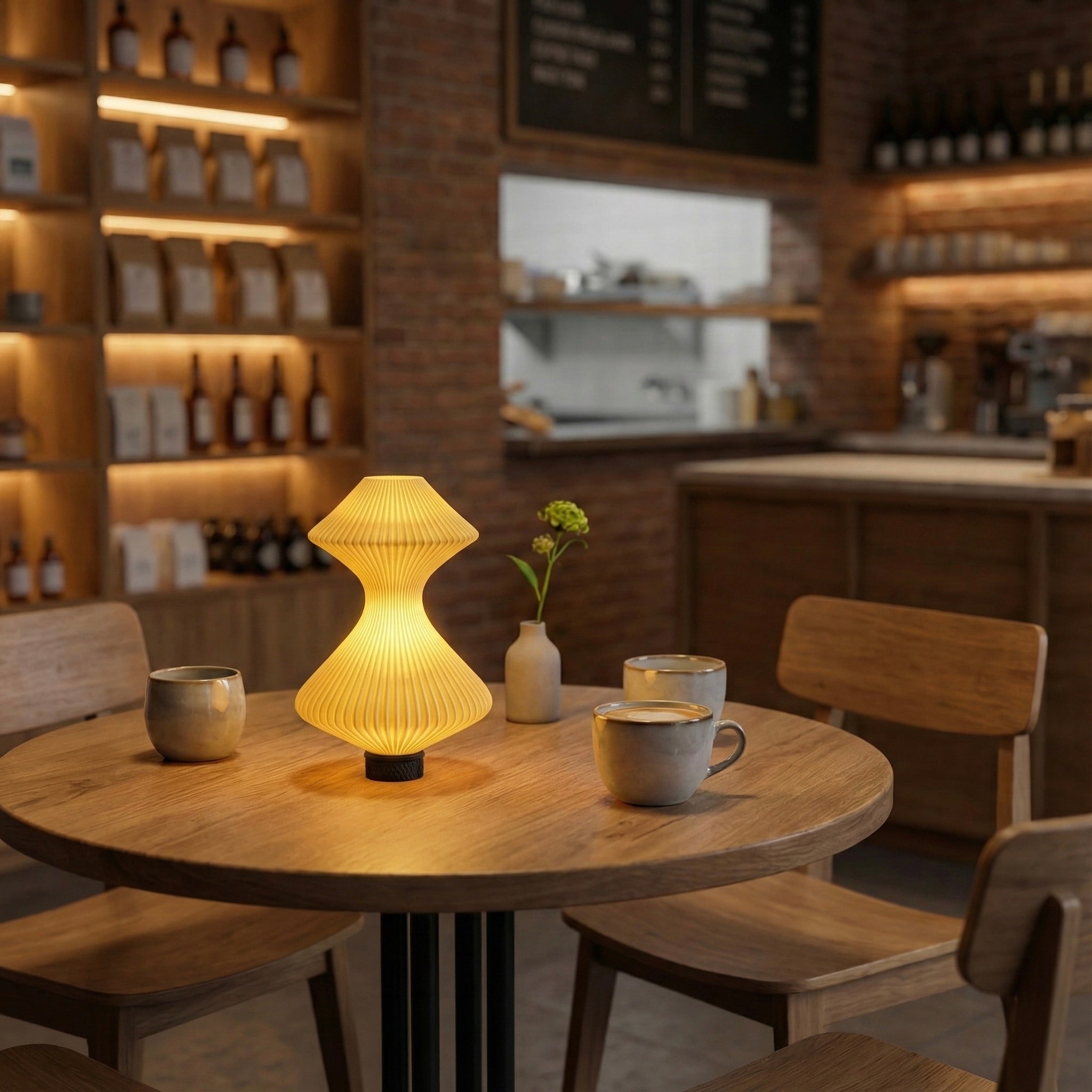 Wooden table with a lamp and cups in a cozy bar setting