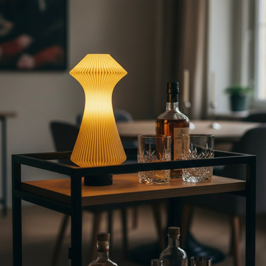 Decorative lamp on a bar cart with glasses and bottles in a cozy room.