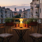 Balcony with a small table, potted plants, and a lamp at dusk.