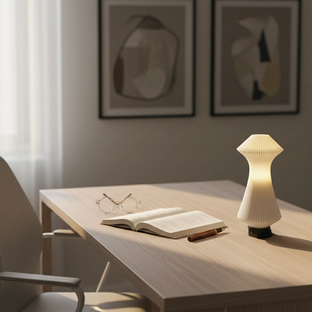 Desk with a lamp, book, glasses, and pen in a softly lit room.