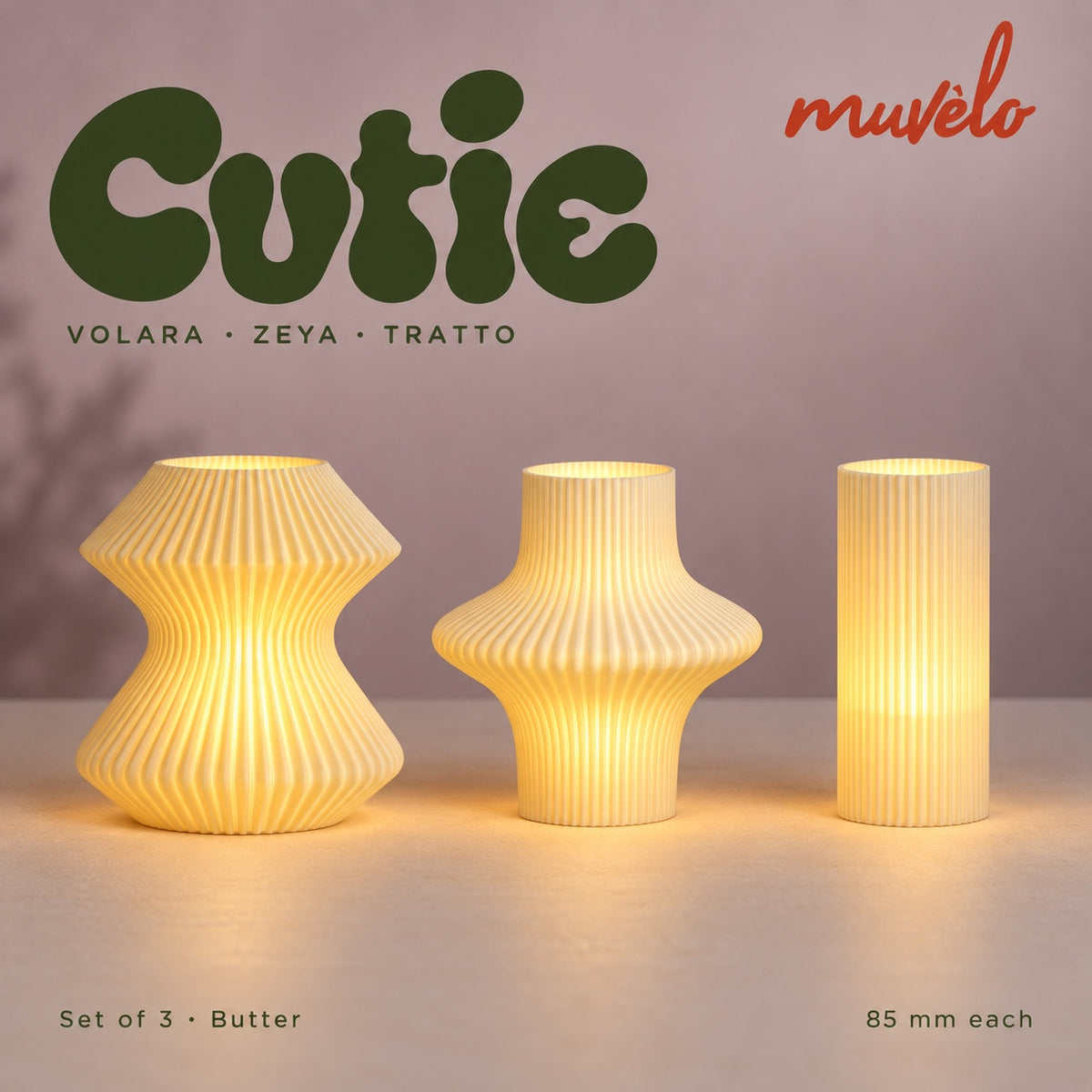 Muvèlo Cutie set of three in Butter: Volara, Zeya, Tratto, all illuminated and shown together.