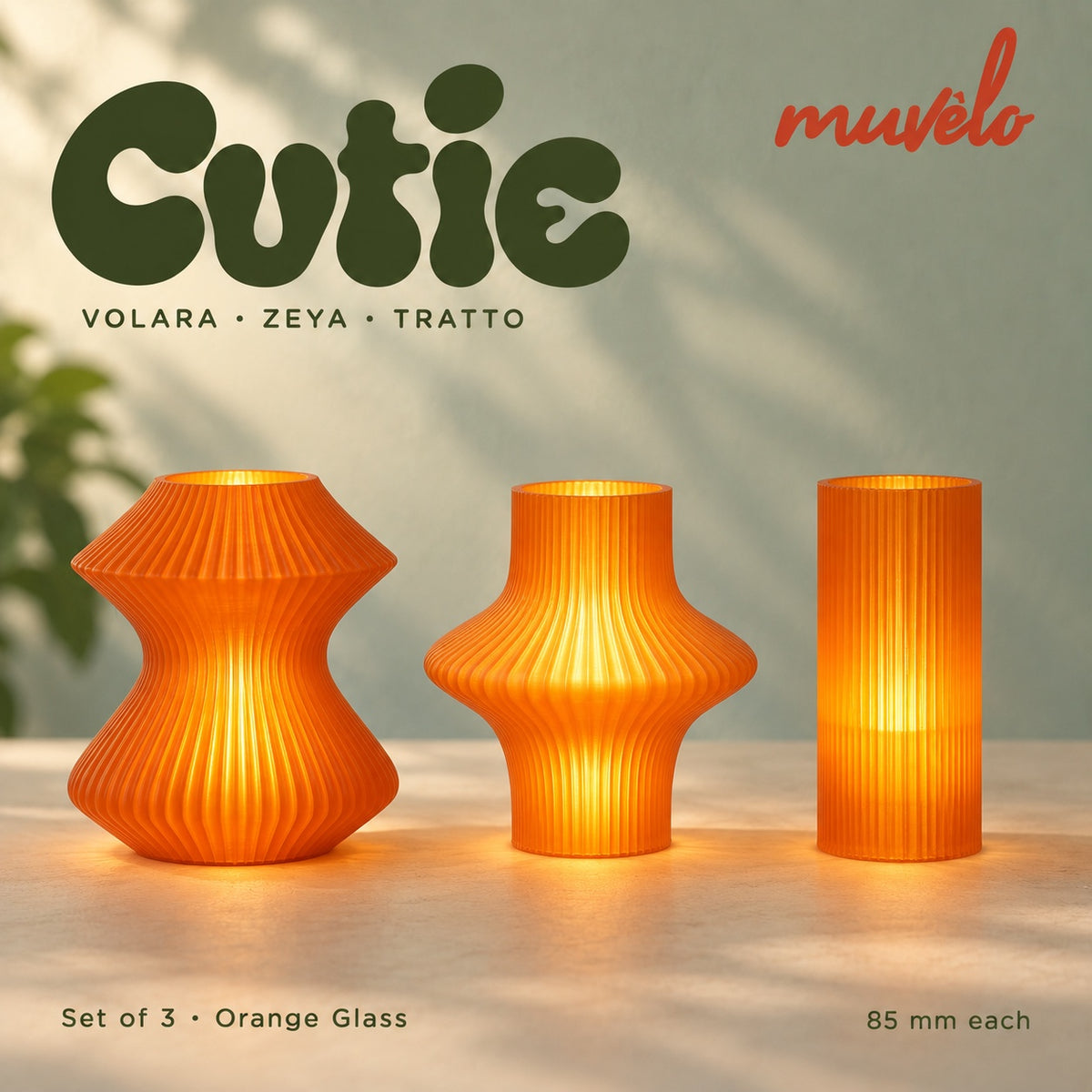 Muvèlo Cutie set of three in Orange Glass: Volara, Zeya, Tratto, all illuminated and shown together.