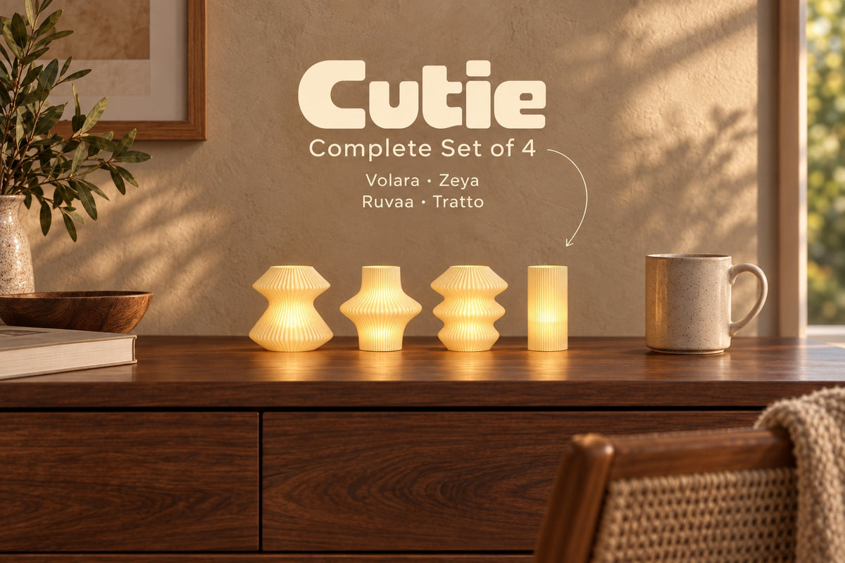 Muvèlo Cutie Complete Set of 4 in Butter: Volara, Zeya, Ruvaa and Tratto, all illuminated.