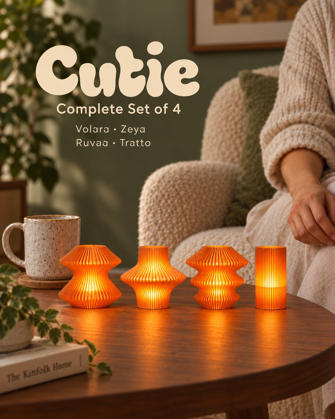 Muvèlo Cutie Complete Set of 4 in Orange Glass: Volara, Zeya, Ruvaa and Tratto, all illuminated.