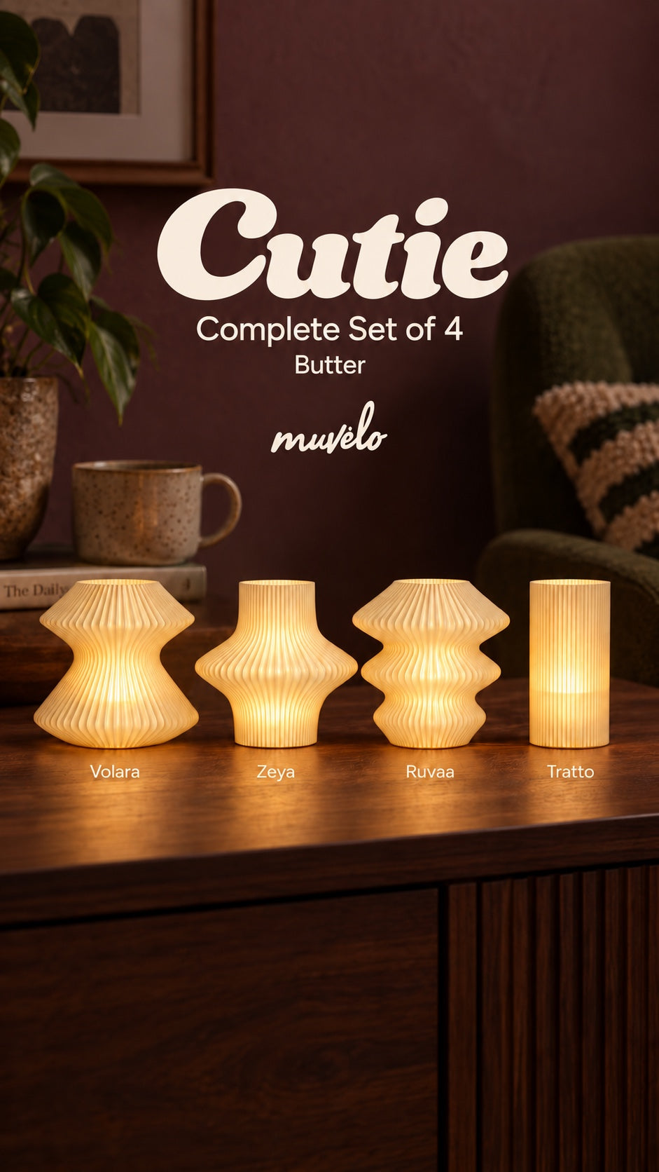 Cutie Butter Complete Set of 4, four illuminated sculptural mini lamps styled at home.