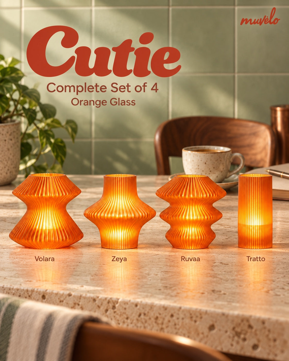 Cutie Orange Glass Complete Set of 4 glowing on a coffee corner: Volara, Zeya, Ruvaa and Tratto.