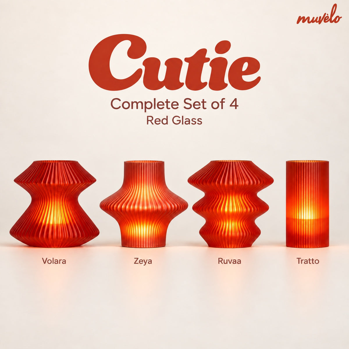 Muvèlo Cutie Complete Set of 4 in Red Glass: Volara, Zeya, Ruvaa and Tratto, all illuminated.