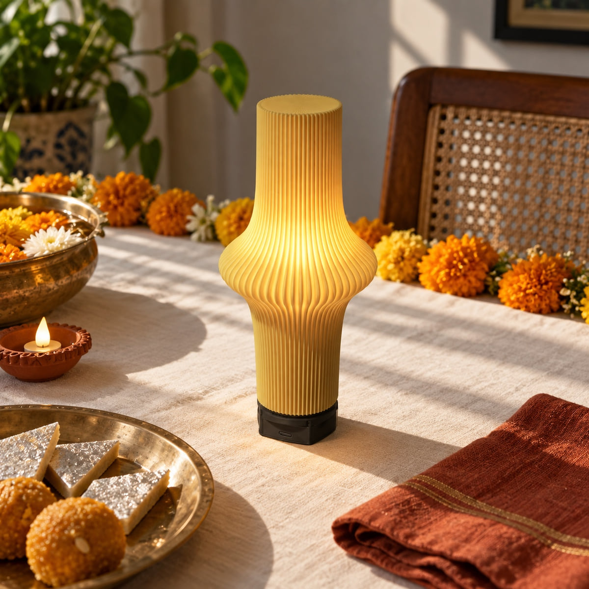 Warm butter Ekkam Zeya beside a brass plate of mithai and marigold flowers.