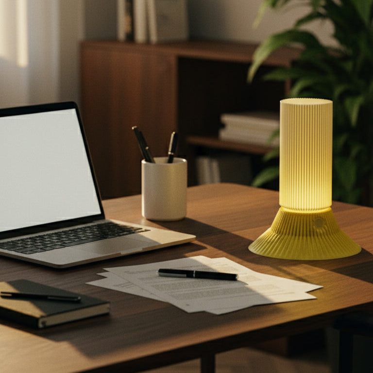 Laptop on a desk with a lamp and stationery items in a home office setting