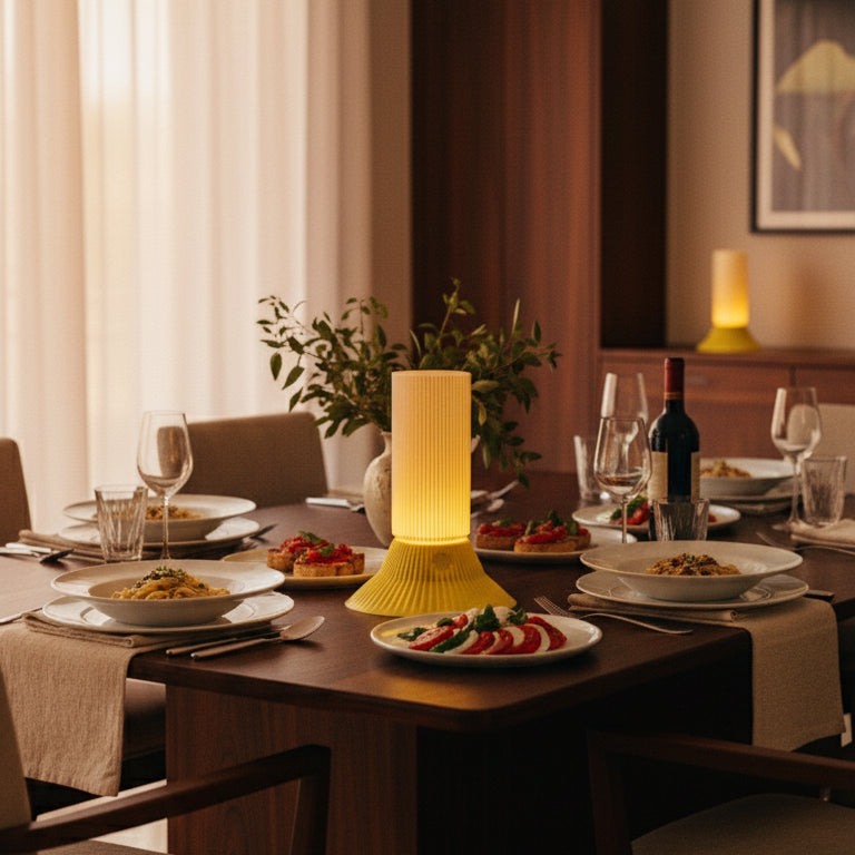 Dining table set with plates of food, wine glasses, and a lamp in a cozy room.